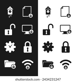 Set Lock on monitor, Open padlock, Retro wall watch, Document and, Time Management and  icon. Vector