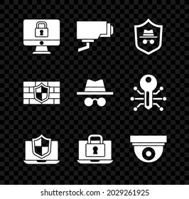 Set Lock on monitor, Security camera, Incognito mode, Laptop protected with shield, and lock, Shield brick wall and  icon. Vector