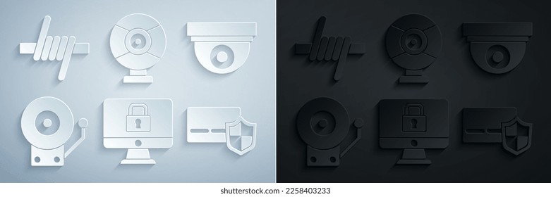 Set Lock on monitor, Security camera, Ringing alarm bell, Credit card with shield,  and Barbed wire icon. Vector