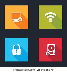 Set Lock on monitor, Wifi locked, Broken cracked and Hard disk drive and icon. Vector