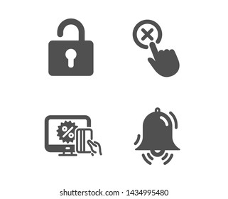 Set of Lock, Online shopping and Reject click icons. Clock bell sign. Private locker, Black friday, Delete button. Alarm.  Classic design lock icon. Flat design. Vector