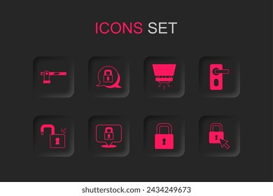 Set Lock, Parking car barrier, Fingerprint door lock, Fire sprinkler system and Open padlock icon. Vector