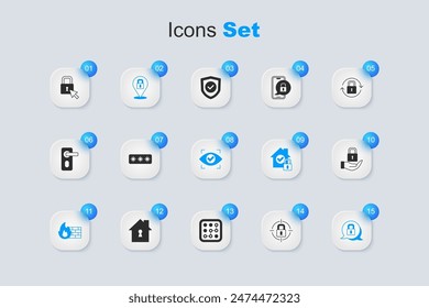 Set Lock, Password protection, Firewall, security wall,  and Eye scan icon. Vector