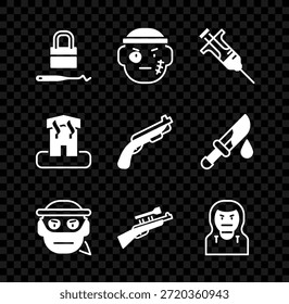 Set Schloss Picks für Schloss Pflücken, Bandit, Spritze, Sniper Gewehr mit Umfang, Dieb Maske, Brandstiftung zu Hause und Polizei Schrotflinte Symbol. Vektorgrafik