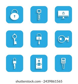 Set Lock picks for lock picking, Eye scan, Car key with remote, Key, Locked, Old, on computer monitor and  icon. Vector