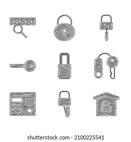 Set Lock, picks for lock picking, House under protection, with key, intercom system, Key,  and Password icon. Vector