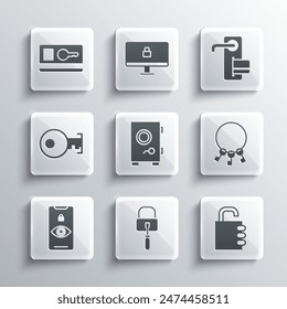 Set Lock picks for lock picking, Safe combination, Bunch of keys, Eye scan, Key, card and Digital door icon. Vector