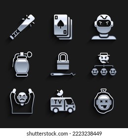Fijar las escotillas para recoger las cerraduras, TV News car, Murder, Mafia, Thief entregándose las manos arriba, Granada de mano, máscara y bate de béisbol con icono de uñas. Vector