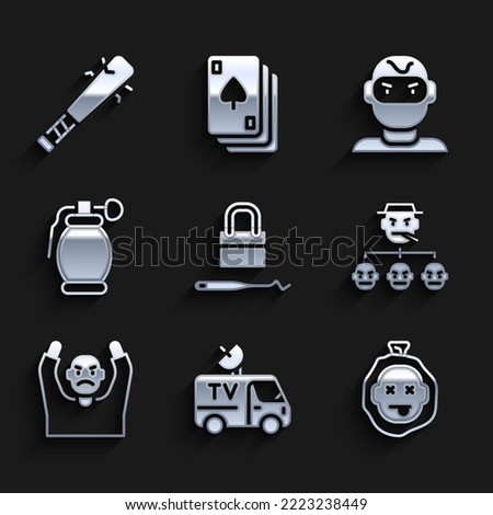Set Lock picks for lock picking, TV News car, Murder, Mafia, Thief surrendering hands up, Hand grenade, mask and Baseball bat with nails icon. Vector