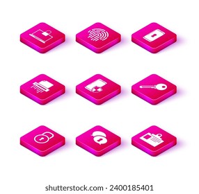 Sperren, Schutz der persönlichen Daten, Papier-Shredder vertraulich, Smartphone mit Sicherheitsschild, Identifikationsabzeichen, Schlüssel, Schloss und Fingerabdruck Symbol. Vektorgrafik