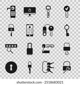 Set Lock repair, and key, Old, Key, Mobile graphic password, picks for lock picking, Digital door and House with icon. Vector