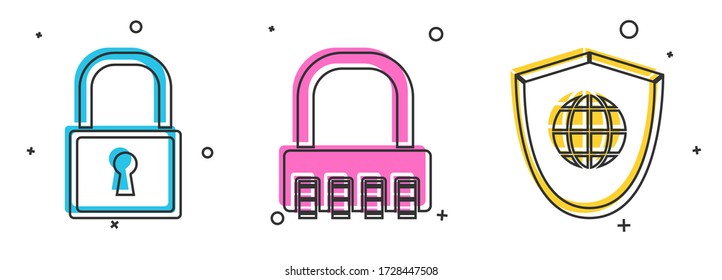 Set Lock , Safe combination lock  and Shield with world globe  icon. Vector