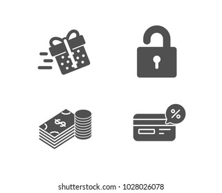 Set of Lock, Savings and Present delivery icons. Cashback sign. Private locker, Finance currency, Shopping service. Non-cash payment.  Quality design elements. Classic style. Vector