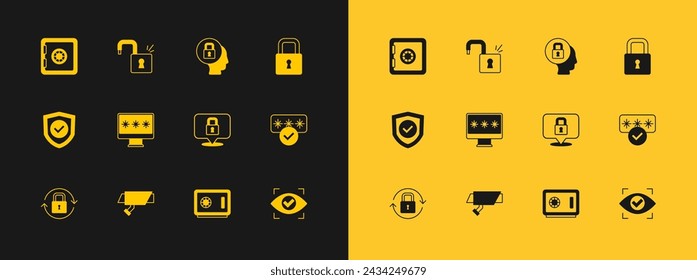 Set Lock, Security camera, Safe, Monitor with password,  and Open padlock icon. Vector