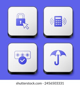 Set Lock, Security keypad access panel, Password protection and Umbrella icon. White square button. Vector