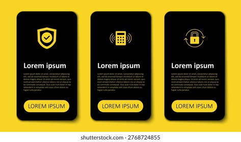 Set Lock, Security keypad access panel and Shield with check mark. Business infographic template. Vector