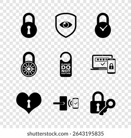 Set Lock, Shield and eye, Padlock with clock, Heart keyhole, Digital door wireless and  icon. Vector - Powered by Shutterstock - Get 15% off with code: PIKWIZARD15