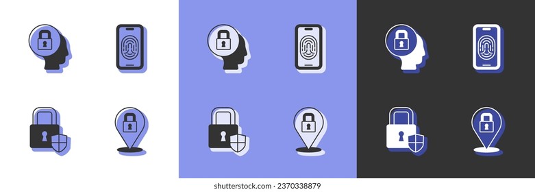 Establecer bloqueo, proteger seguridad con bloqueo e icono de escáner de huellas digitales para móviles. Vector
