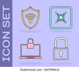 Set Lock , Shield with WiFi wireless internet network, Laptop and lock  and Safe  icon. Vector