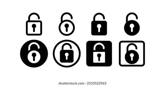set of lock unlock icon symbol sign vector design balck white color simple flat illustration collection isolated