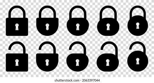 Set of lock and unlock icons. Vector illustration isolated on transparent background. Security symbol for website design, logo, app