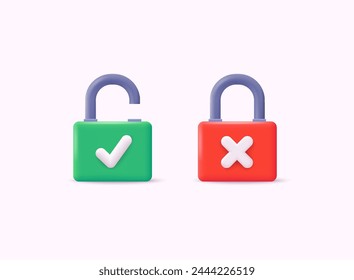 Set of Lock and Unlock Sign. Security concept. Security, safety, encryption, protection, privacy concept. 3D Web Vector Illustrations.