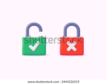 Set of Lock and Unlock Sign. Security concept. Security, safety, encryption, protection, privacy concept. 3D Web Vector Illustrations.