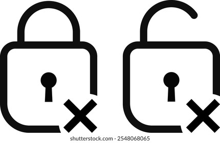 Set of lock and unlocked with cross mark icon. Open lock reject icon symbol.  Check mark and cross icons
