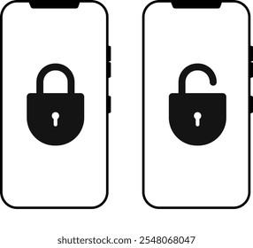 Conjunto de bloqueo y desbloqueado con el icono del teléfono móvil. Contraseña de Smartphone. Teléfono móvil con símbolo de candado.