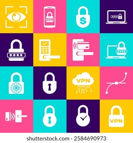 Set Lock VPN, Bezier curve, Laptop with password, Money lock, Digital door wireless and Password protection icon. Vector