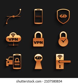 Configure Lock VPN, Keyhole con los ojos, Digital door wireless, Padlock clock, Smart car security system y Network cloud connection icon. Vector