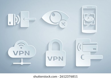 Set Lock VPN, Mobile and eye scan, Network cloud connection, Digital door lock with wireless, Invisible hide and  icon. Vector