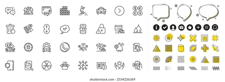 Set of Lock, Wholesale inventory and Waterproof line icons for web app. Design elements, Social media icons. Employees messenger, Credit card, Bid offer icons. Forward, Leadership, Taxi signs. Vector