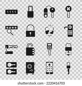 Set Locked key, Key broke inside of padlock, Digital door, House with, Password protection,  and Broken cracked icon. Vector