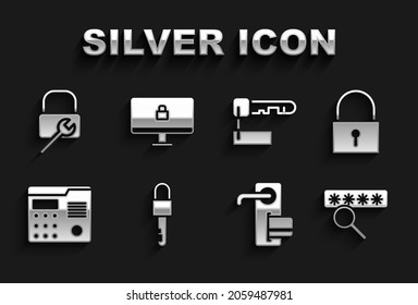 Set Locked key, Password protection, Digital door lock, House intercom system, Marked, repair and computer monitor icon. Vector