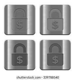 Set of Locked money buttons vector in brushed metal style. Arranged layer, color and graphic style structure.