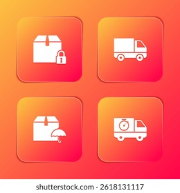 Conjunto de paquete bloqueado, entrega del vehículo del camión de carga, con el paraguas y el icono del cronómetro. Vector