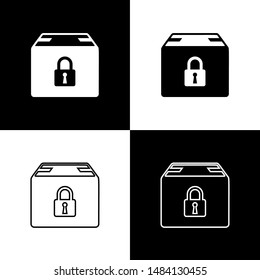 Set Locked package icon isolated on black and white background. Lock and cardboard box.  Vector Illustration