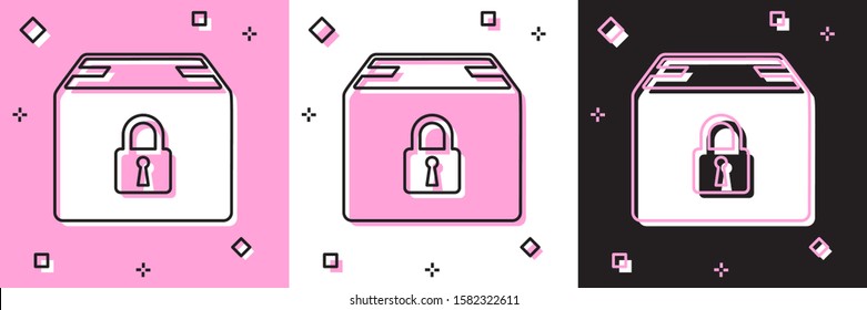 Set Locked package icon isolated on pink and white, black background. Lock and cardboard box.  Vector Illustration