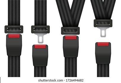 Set of locked, unlocked detailed seatbelts for driver, passengers. Fastened, unfastened black safety belts with red buckles for adults and kids. Realistic vector illustration isolated on white.