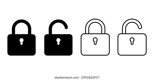 Set of locked and unlocked padlock icons in solid and outline style, flat security symbols for web and app, vector illustration isolated on white background