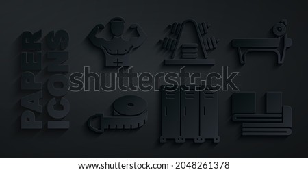 Set Locker or changing room, Bench with barbel, Tape measure, Towel stack, Metal rack weights and Bodybuilder muscle icon. Vector