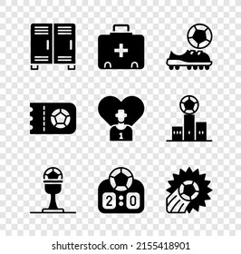 Set Locker or changing room, First aid kit, Football shoes, Award cup and football, Sport mechanical scoreboard, Soccer, soccer ticket and player icon. Vector