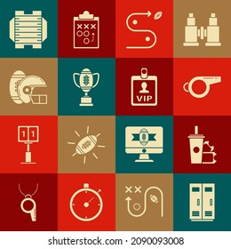 Set Locker or changing room for football, American Football ticket and paper glass soda with drinking straw, Whistle, Planning strategy concept, Award cup, helmet, field and VIP badge icon. Vector