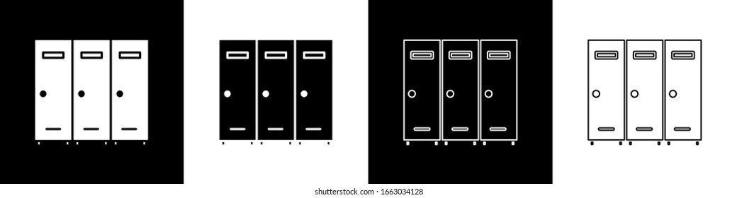 Set Locker or changing room for hockey, football, basketball team or workers icon isolated on black and white background.  Vector Illustration