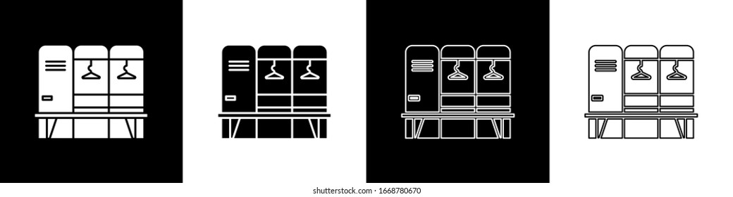 Set Locker or changing room for hockey, football, basketball team or workers icon isolated on black and white background.  Vector Illustration