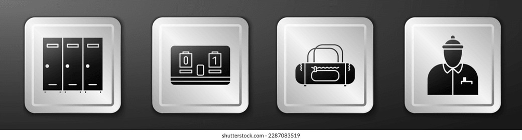 Set Locker or changing room, Hockey mechanical scoreboard, Sport bag and Hockey coach icon. Silver square button. Vector