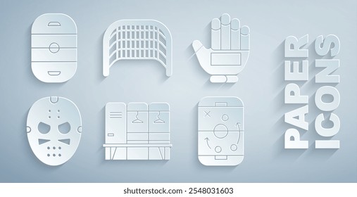 Set Locker oder Umkleideraum, Hockey Handschuh, Maske, Planungsstrategie, Eishockey-Tor und Eisbahn-Symbol. Vektorgrafik