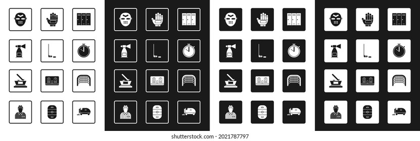 Set Locker o vestuario, palo y disco de hockey sobre hielo, bocina de aire, máscara de hockey, reloj de pulsera, guante, gol y icono del campeón de copa. Vector