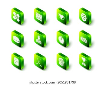 Set Locker or changing room, Protective sport jockstrap, Hockey mask, mechanical scoreboard, Award cup, Stopwatch, helmet and Ice hockey sticks icon. Vector